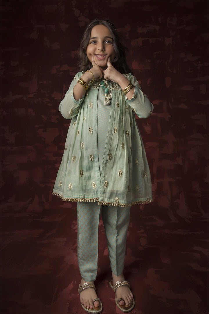Senorita Kids RTW Kids formal clothes Green and Gold Formal 3 Piece Suit Banarsi Masuri KDD-03158 - Summer Collection