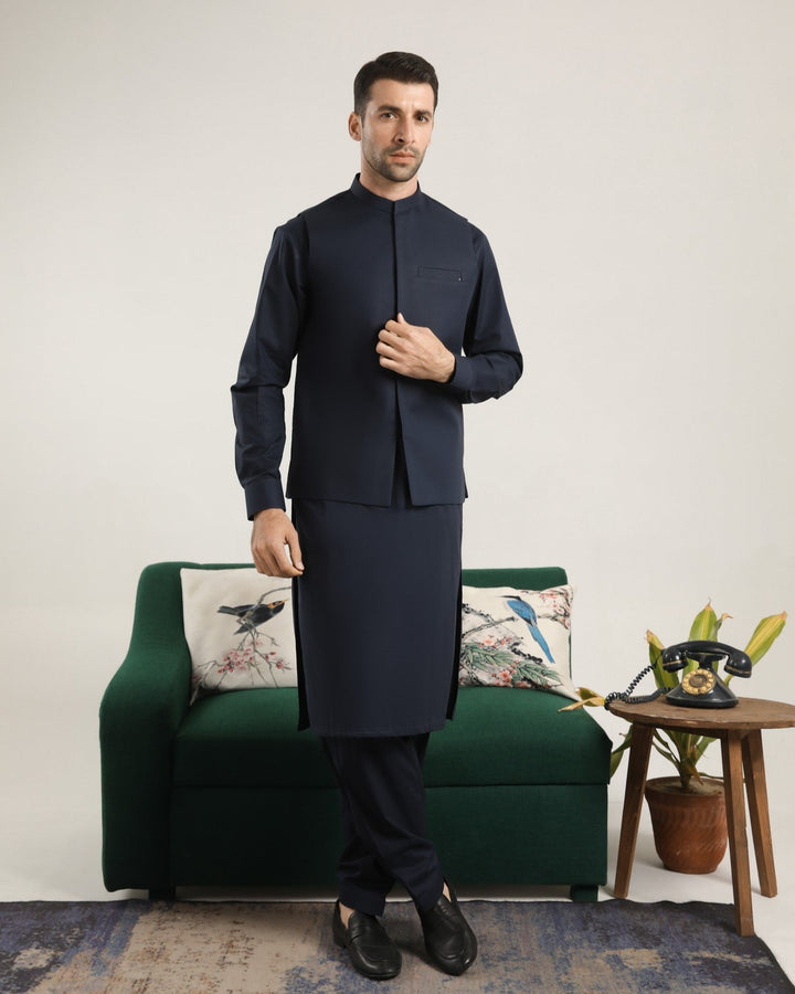 Muraqsh Ready To Wear Solids  Men Dark Navy Blue Soft Cotton Kurta Shalwar with Waistcoat MUR-DNBCK - Summer Collection