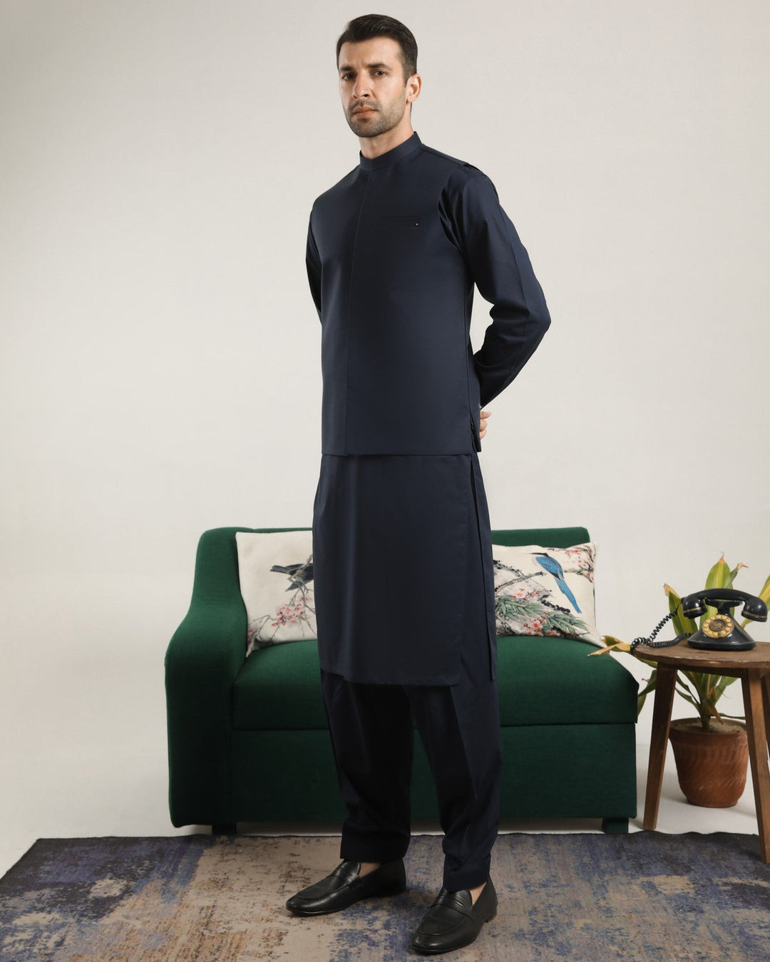 Muraqsh Ready To Wear Solids  Men Dark Navy Blue Soft Cotton Kurta Shalwar with Waistcoat MUR-DNBCK - Summer Collection