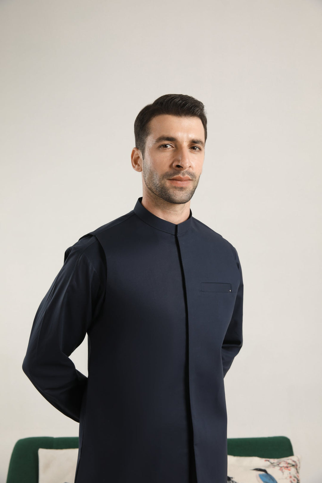 Muraqsh Ready To Wear Solids  Men Dark Navy Blue Soft Cotton Kurta Shalwar with Waistcoat MUR-DNBCK - Summer Collection