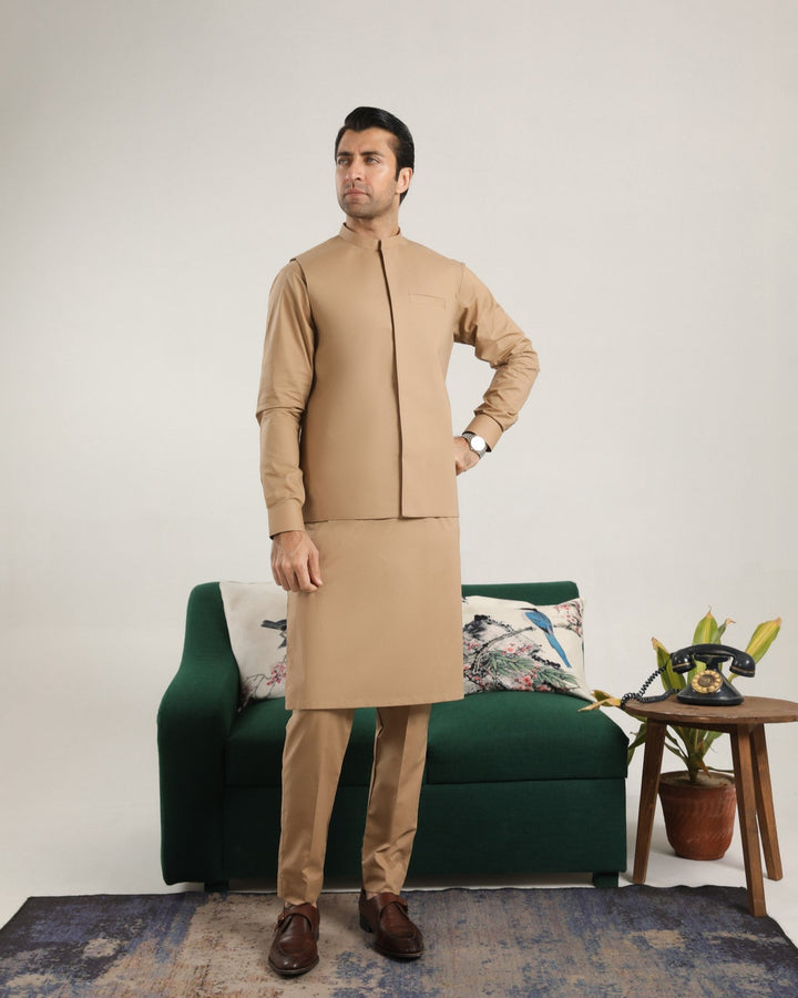 Muraqsh Ready To Wear Solids  Men Camel Soft Cotton Waistcoat MUR-CSCW - Summer Collection
