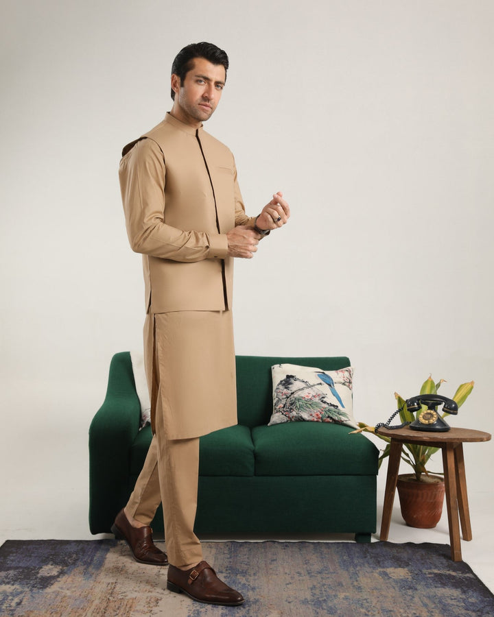 Muraqsh Ready To Wear Solids  Men Camel Cotton Soft Kurta Trouser with Waistcoat MUR-CCKT - Summer Collection