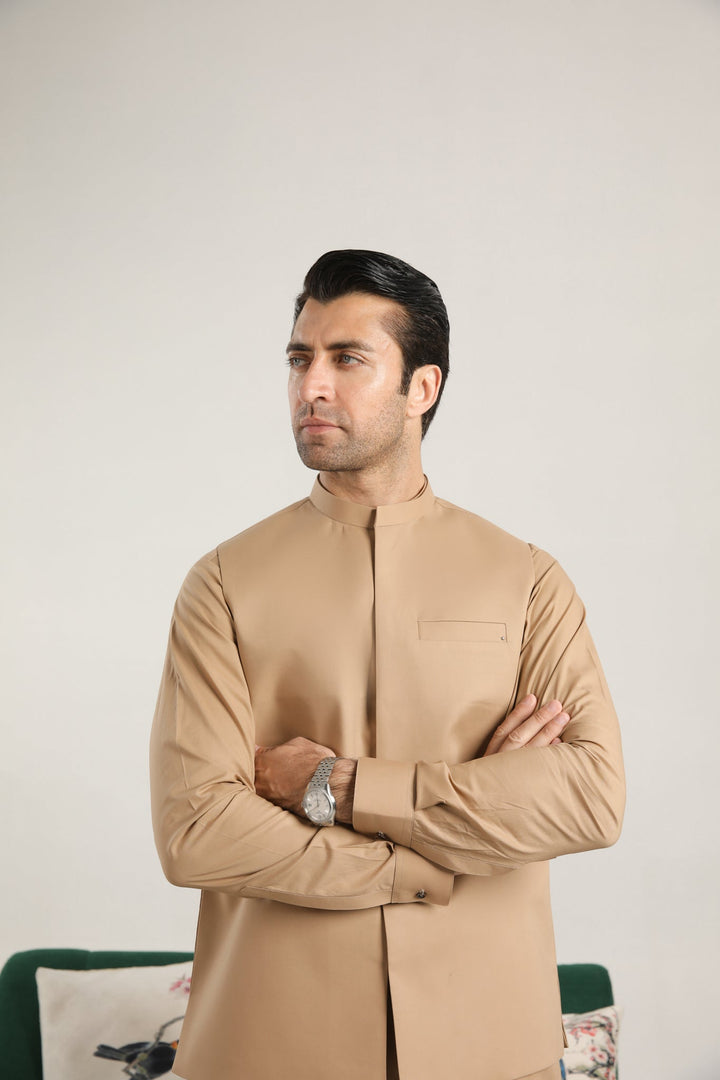 Muraqsh Ready To Wear Solids  Men Camel Soft Cotton Waistcoat MUR-CSCW - Summer Collection
