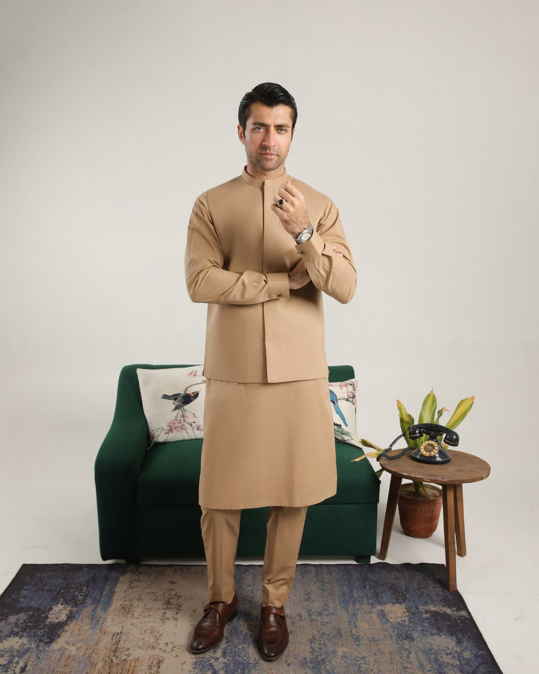 Muraqsh Ready To Wear Solids  Men Camel Cotton Soft Kurta Trouser with Waistcoat MUR-CCKT - Summer Collection