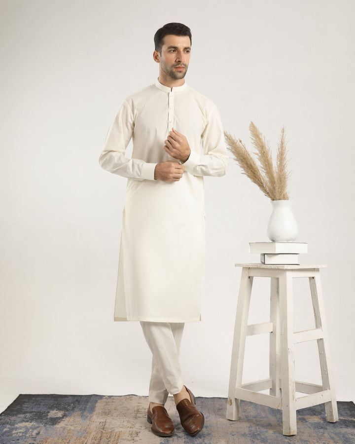 Muraqsh Ready To Wear Solids Cotton Men Bosky White Soft Cotton Kurta Trouser MUR-BWCKT - Summer Collection