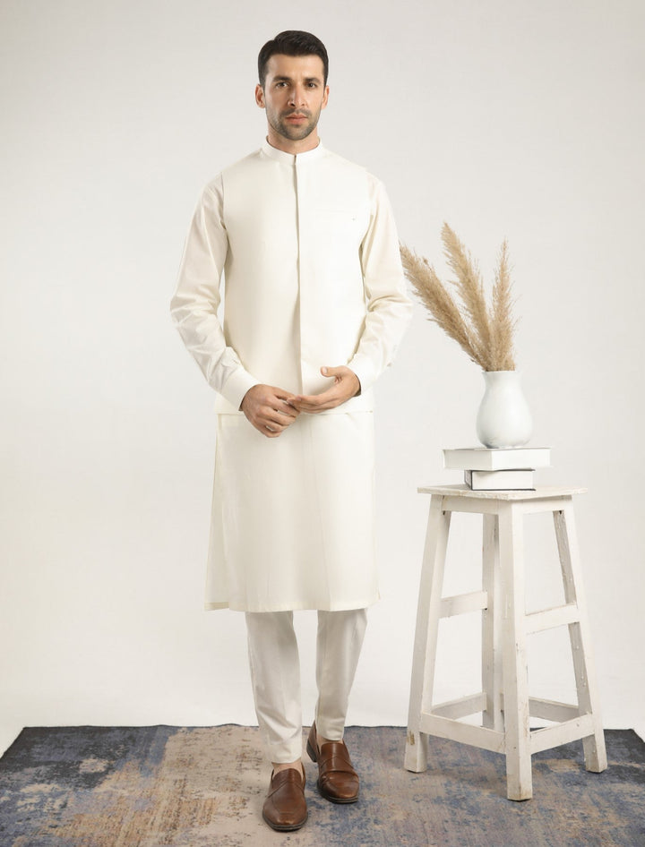 Muraqsh Ready To Wear Solids  Men Bosky White Soft Cotton Kurta Trouser with Waistcoat MUR-BWCKT - Summer Collection