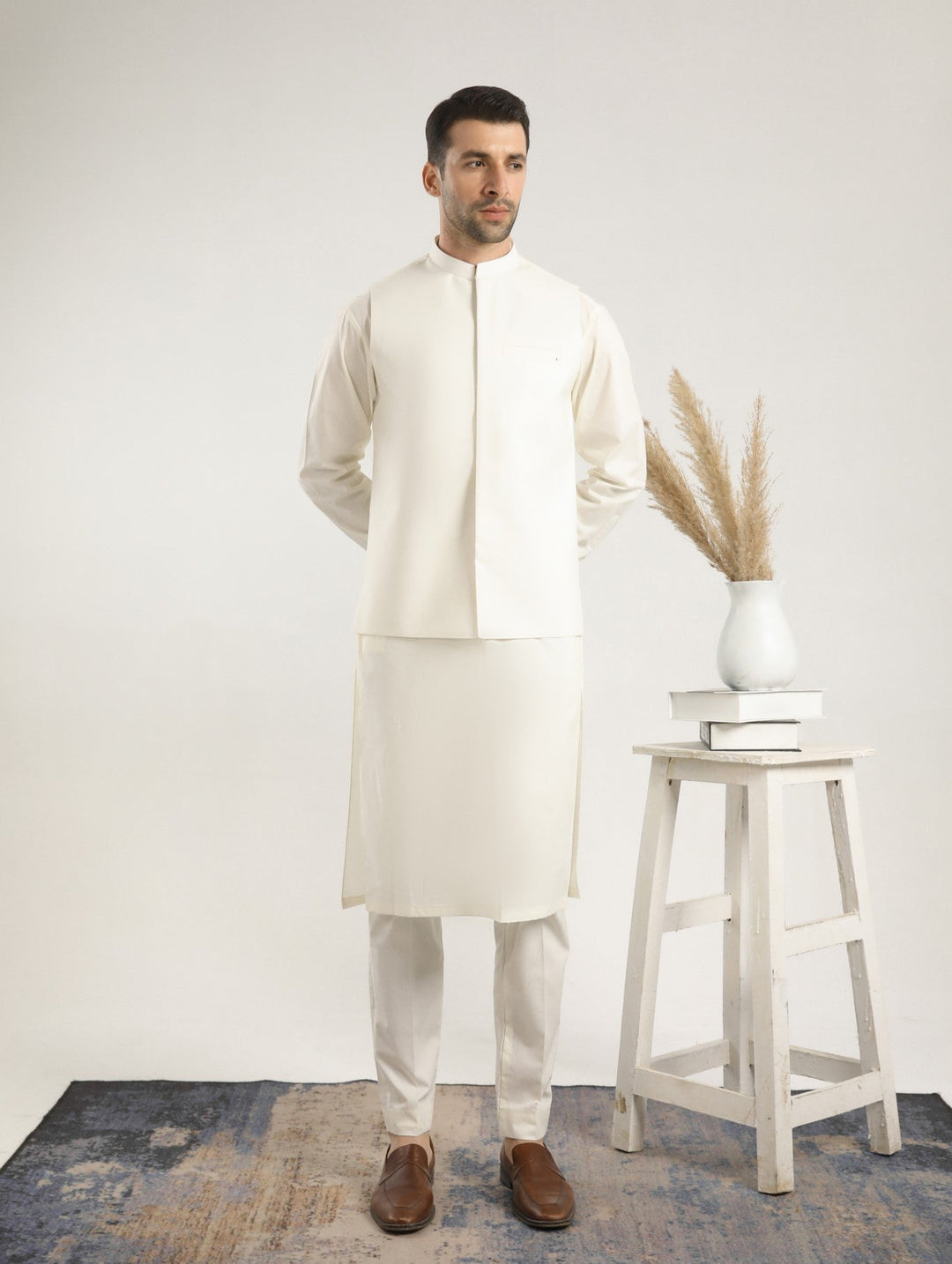 Muraqsh Ready To Wear Solids  Men Bosky White Soft Cotton Kurta Trouser with Waistcoat MUR-BWCKT - Summer Collection
