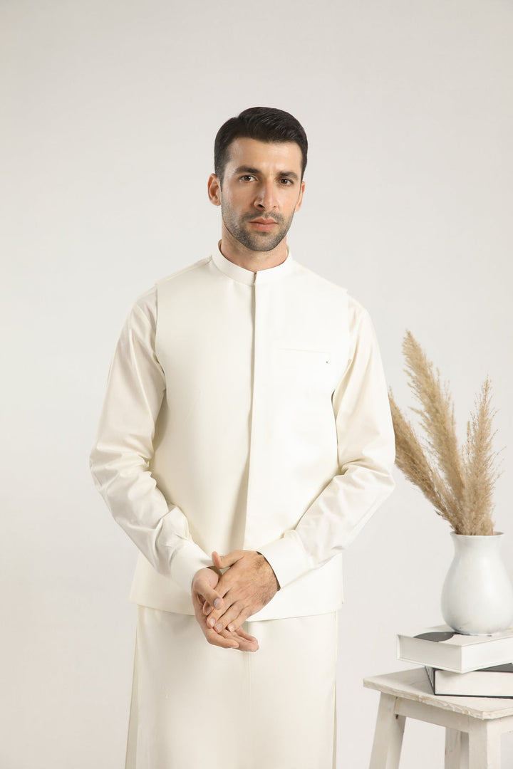 Muraqsh Ready To Wear Solids  Men Bosky White Soft Cotton Waistcoat MUR-BWSCW - Summer Collection