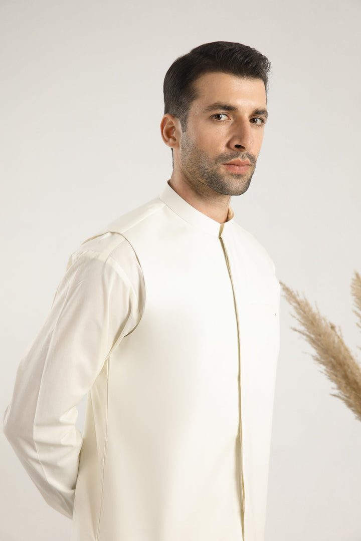 Muraqsh Ready To Wear Solids  Men Bosky White Soft Cotton Kurta Trouser with Waistcoat MUR-BWCKT - Summer Collection