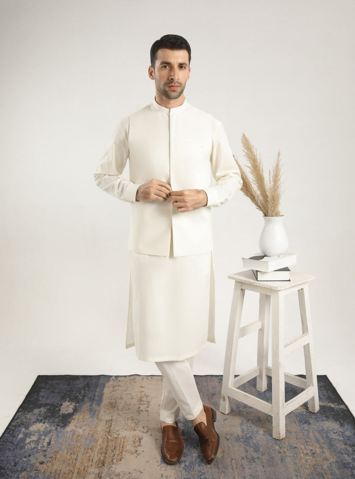 Muraqsh Ready To Wear Solids  Men Bosky White Soft Cotton Kurta Trouser with Waistcoat MUR-BWCKT - Summer Collection