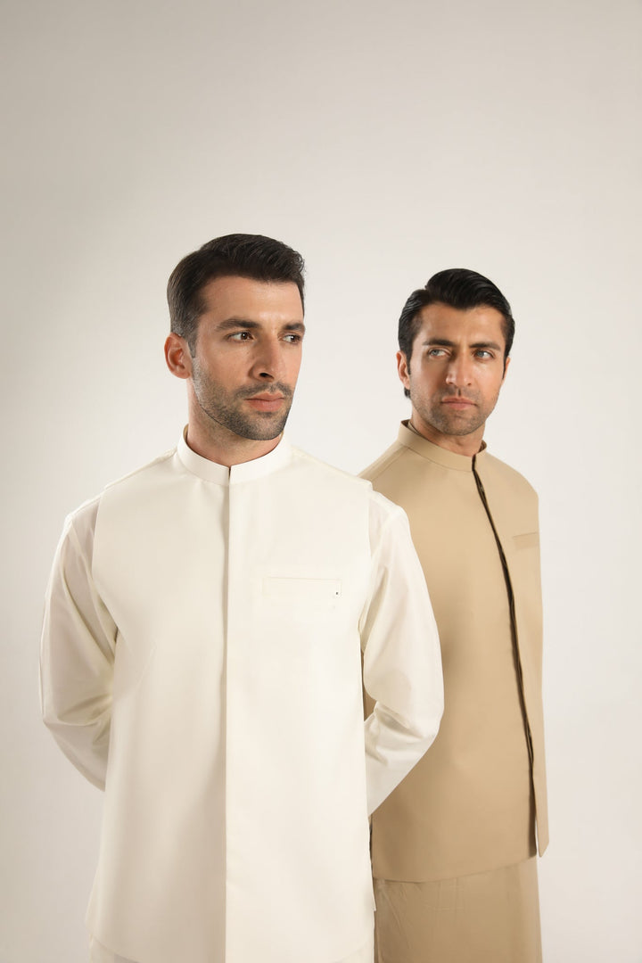 Muraqsh Ready To Wear Solids  Men Ivory Skin Soft Cotton Kurta Shalwar with Waistcoat MUR-ISCKS - Summer Collection