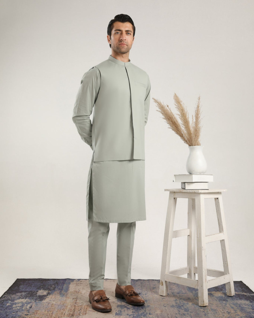Muraqsh Ready To Wear Solids  Men Light Mint Soft Cotton Kurta Trouser with Waistcoat MURMCKT - Summer Collection