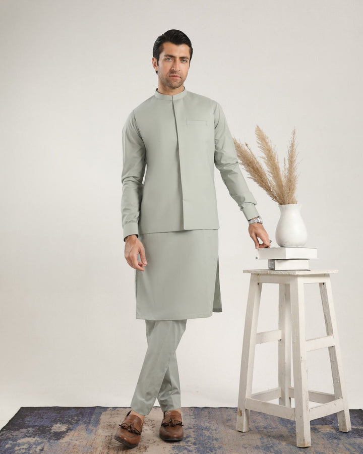 Muraqsh Ready To Wear Solids  Men Light Mint Soft Cotton Kurta Trouser with Waistcoat MURMCKT - Summer Collection