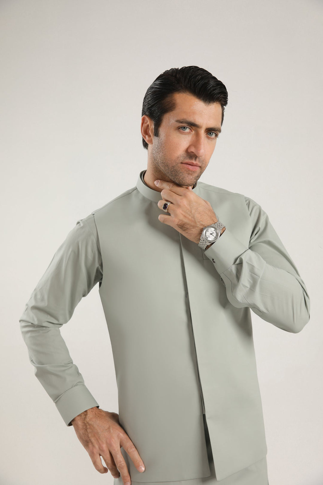 Muraqsh Ready To Wear Solids  Men Light Mint Soft Cotton Kurta Trouser with Waistcoat MURMCKT - Summer Collection