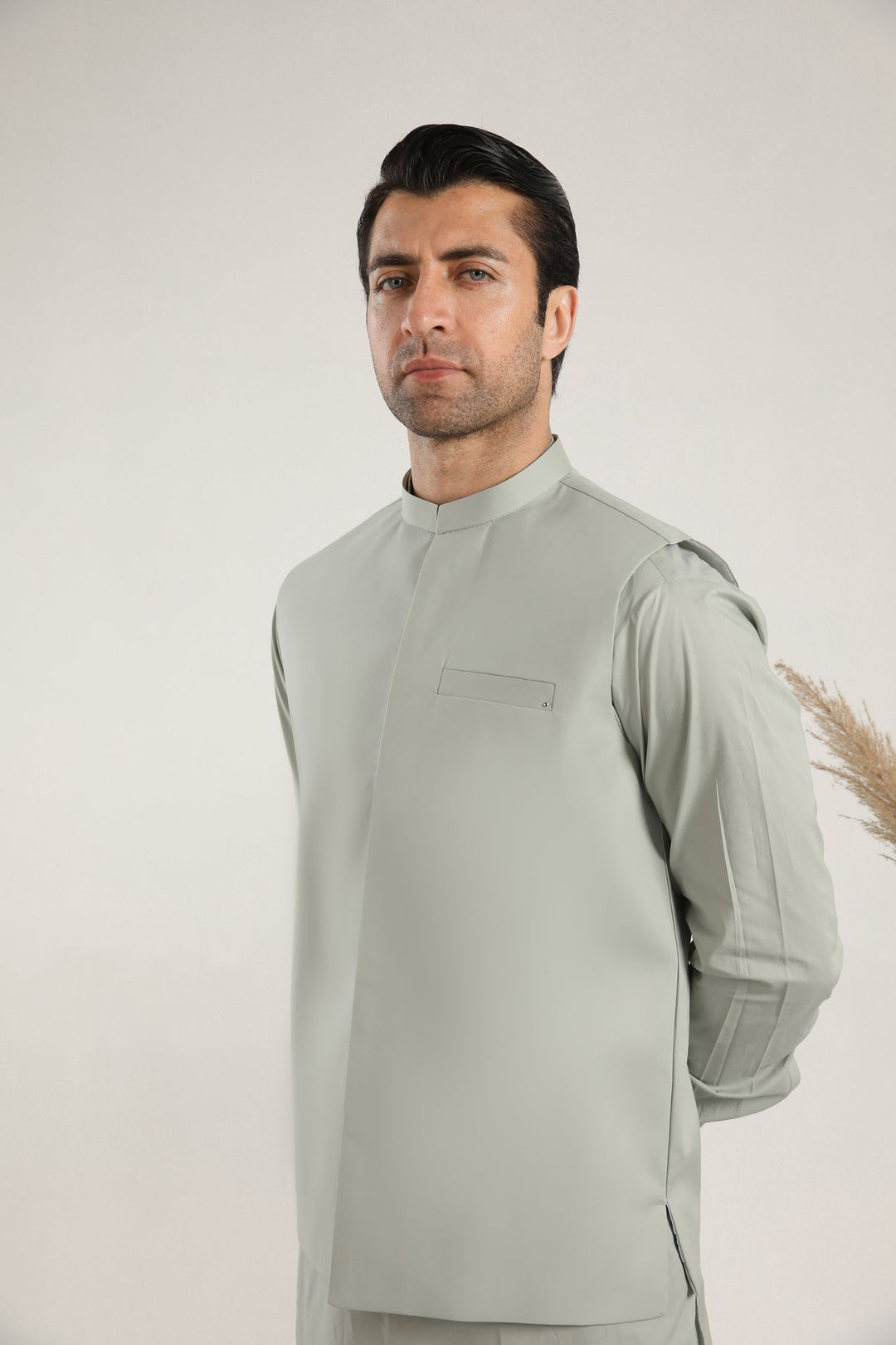 Muraqsh Ready To Wear Solids  Men Light Mint Soft Cotton Kurta Trouser with Waistcoat MURMCKT - Summer Collection