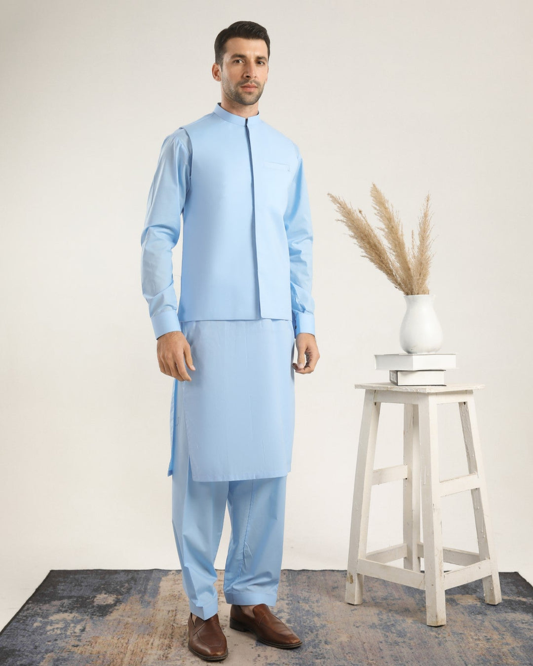 Muraqsh Ready To Wear Solids Cotton Men Off White Kurta Trouser with Navy Blue Suiting Waistcoat MURBSCW - Summer Collection