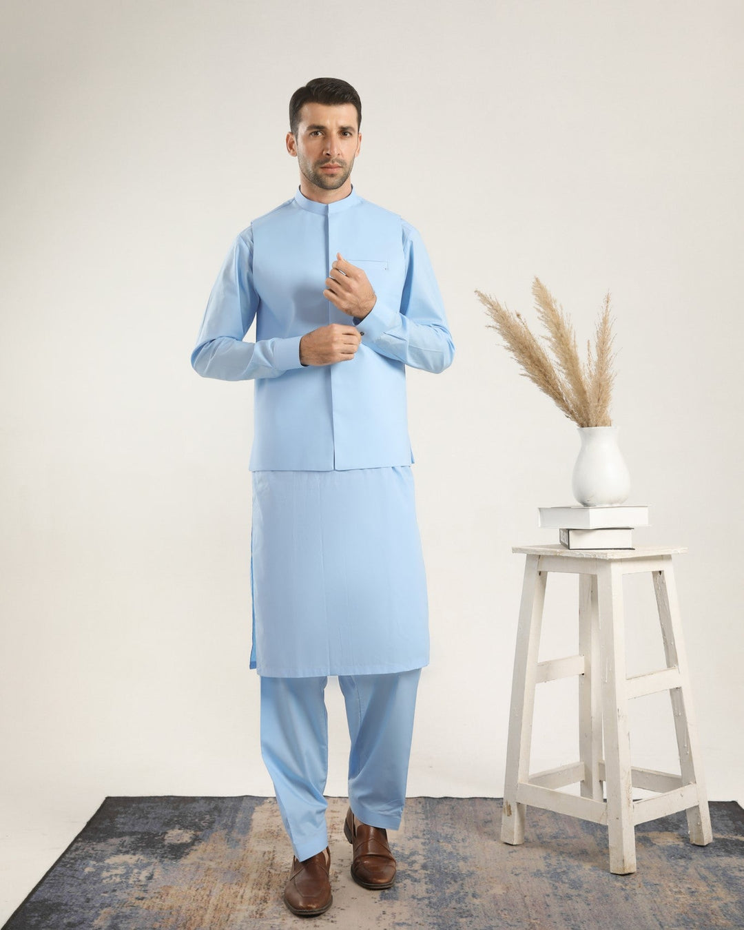 Muraqsh Ready To Wear Solids  Men Sky Blue Soft Cotton Kurta Shalwar with Waistcoat MURBCKS - Summer Collection