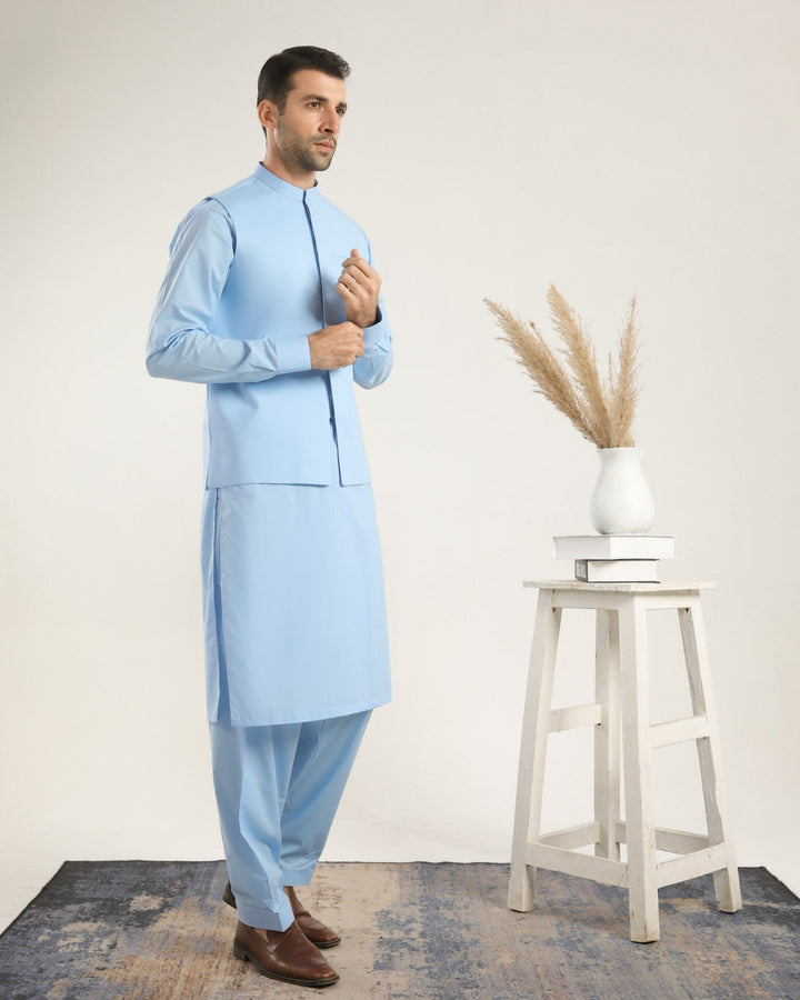 Muraqsh Ready To Wear Solids  Men Sky Blue Soft Cotton Kurta Shalwar with Waistcoat MURBCKS - Summer Collection