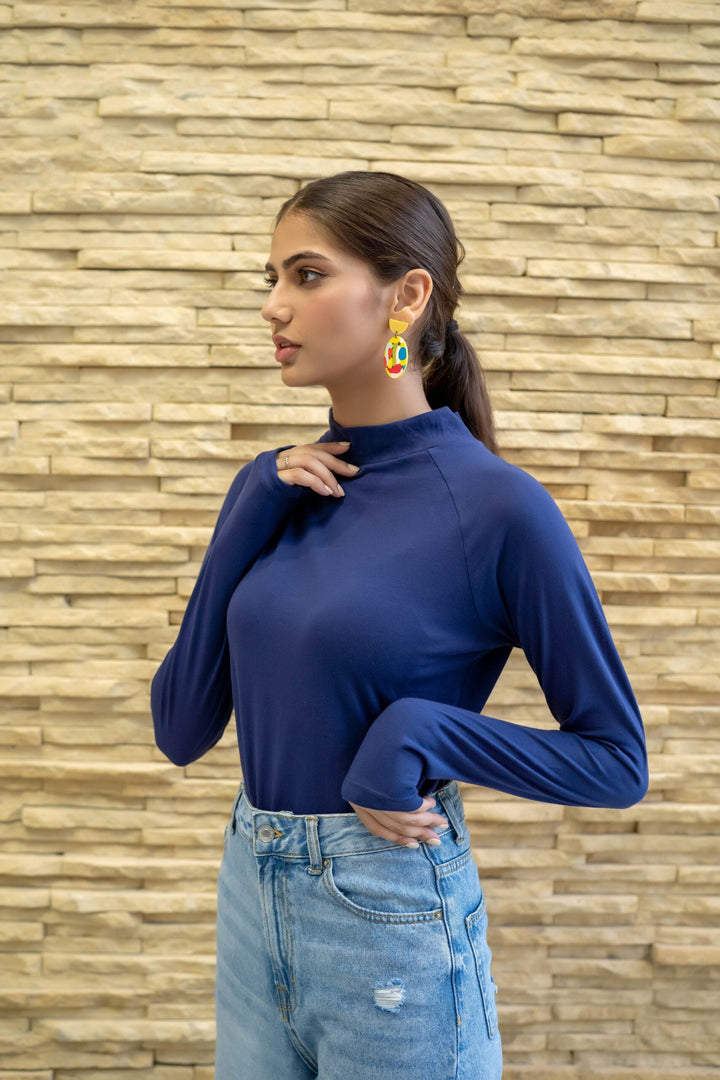 Dhaga Women Western Solids T- Shirt jersy Royal Blue High Neck DT10002 - Summer Collection