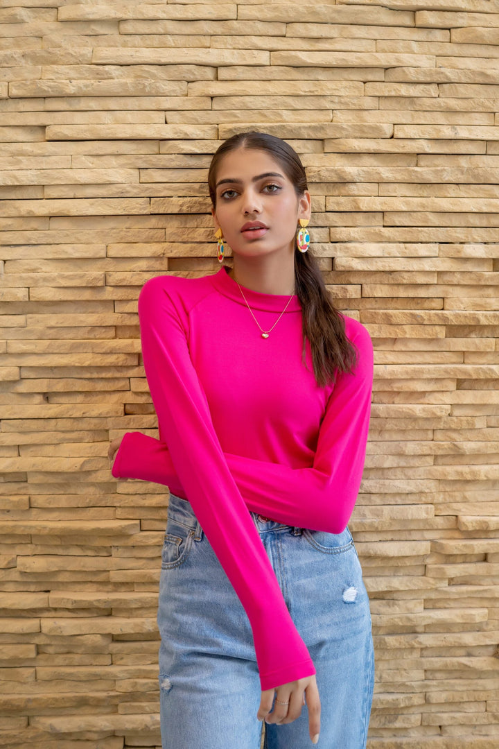 Dhaga Women Western Solids T- Shirt jersy Fushia High Neck Bodysuit DT10002 - Summer Collection