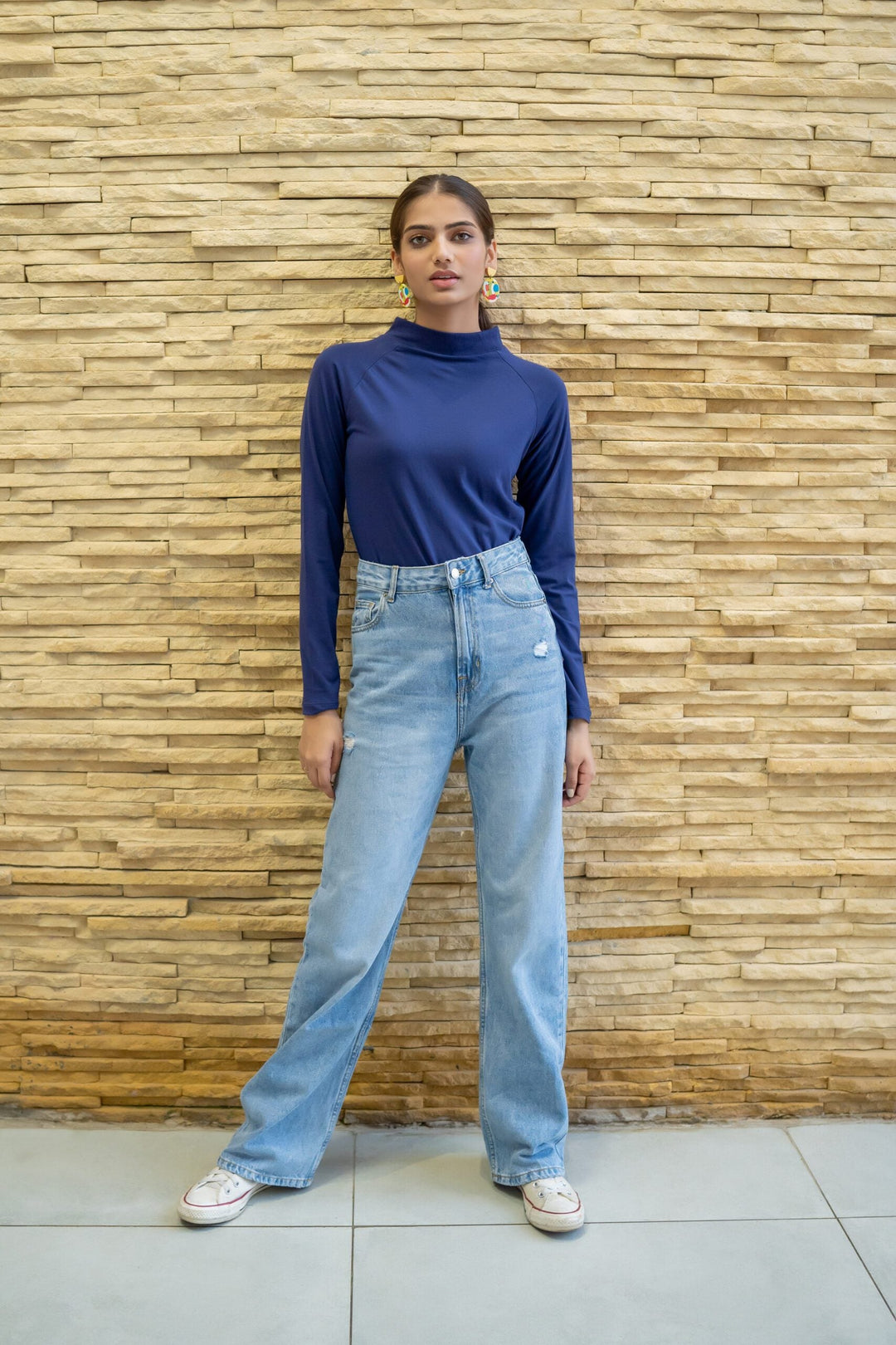 Dhaga Women Western Solids T- Shirt jersy Royal Blue High Neck DT10002 - Summer Collection