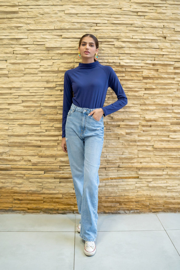 Dhaga Women Western Solids T- Shirt jersy Royal Blue High Neck DT10002 - Summer Collection