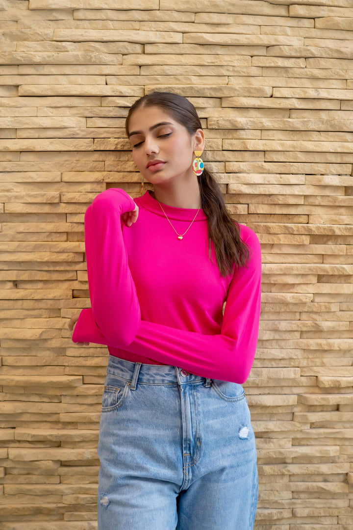 Dhaga Women Western Solids T- Shirt jersy Fushia High Neck Bodysuit DT10002 - Summer Collection