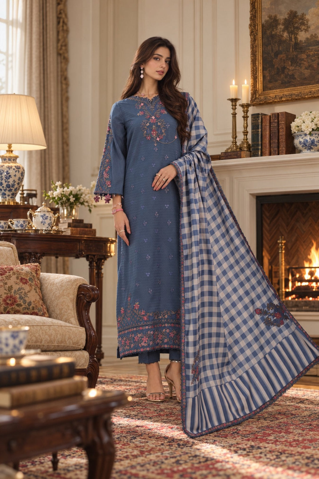 Noor Pashmina Shawl by Saadia Asad Unstitched Embroidered Jacquard 3 Piece Suit SA26UNW D3 - Winter Collection