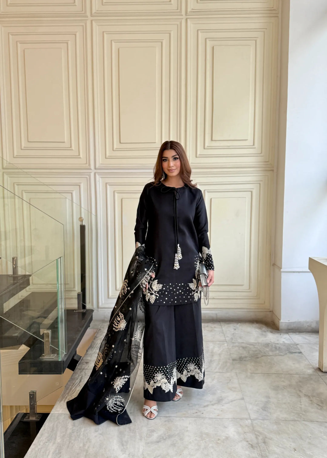 Silk Atelier by Jamni RTW Embroidered Silk 3 Piece Suit Black Orchard Festive Collection