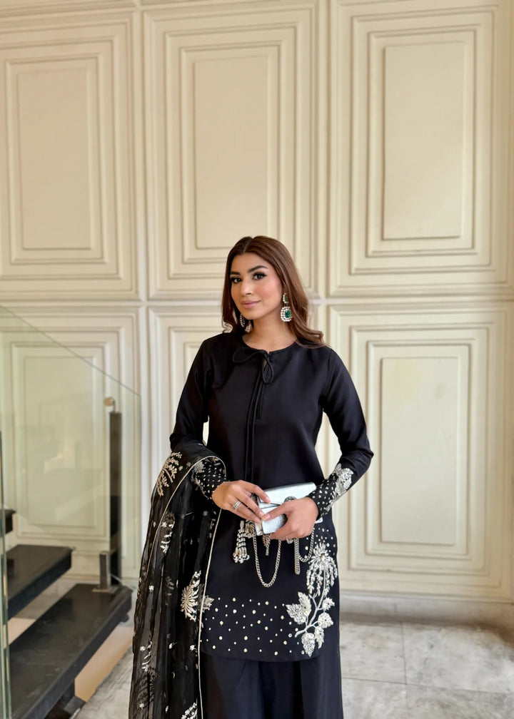 Silk Atelier by Jamni RTW Embroidered Silk 3 Piece Suit Black Orchard Festive Collection