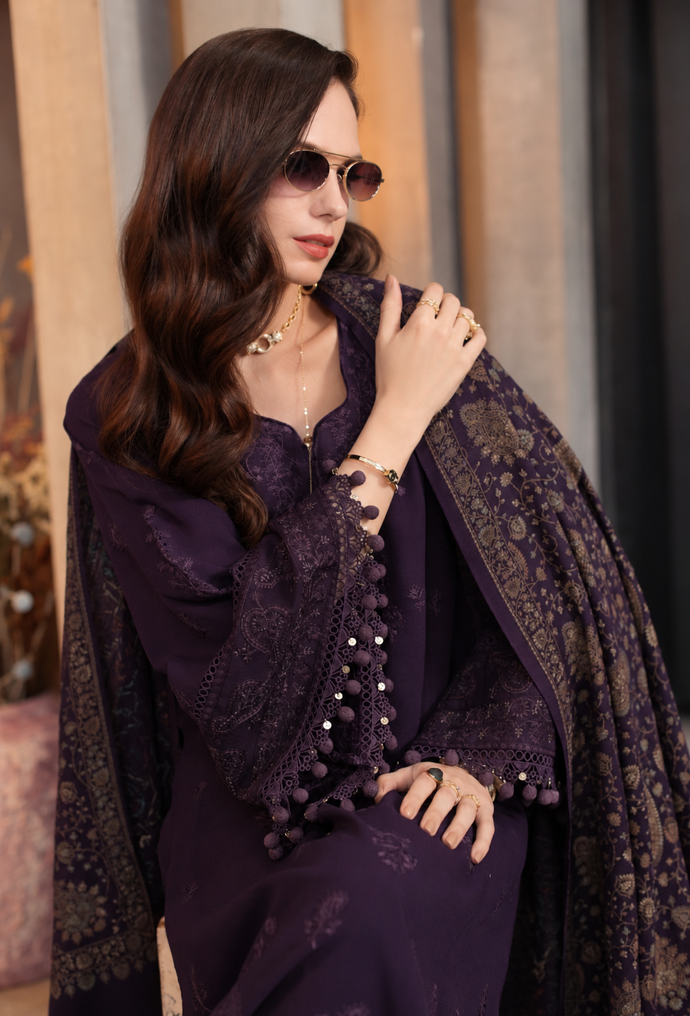 Noor Pashmina Shawl by Saadia Asad Unstitched Embroidered Linen 3 Piece Suit SA26UNW D1 - Winter Collection