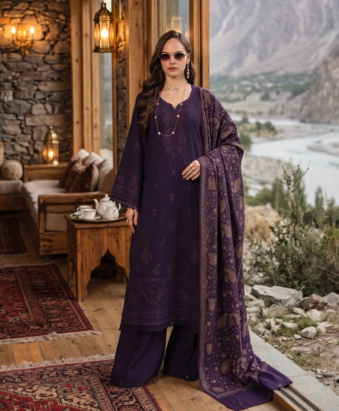 Noor Pashmina Shawl by Saadia Asad Unstitched Embroidered Linen 3 Piece Suit SA26UNW D1 - Winter Collection