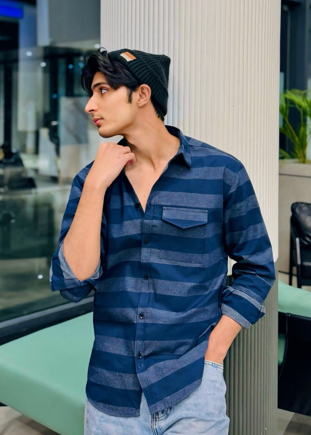 Muraqsh Ready To Wear Solids Cotton Men Navy Blue Flannel Casual Shirt ABD-NBFSH - Summer Collection