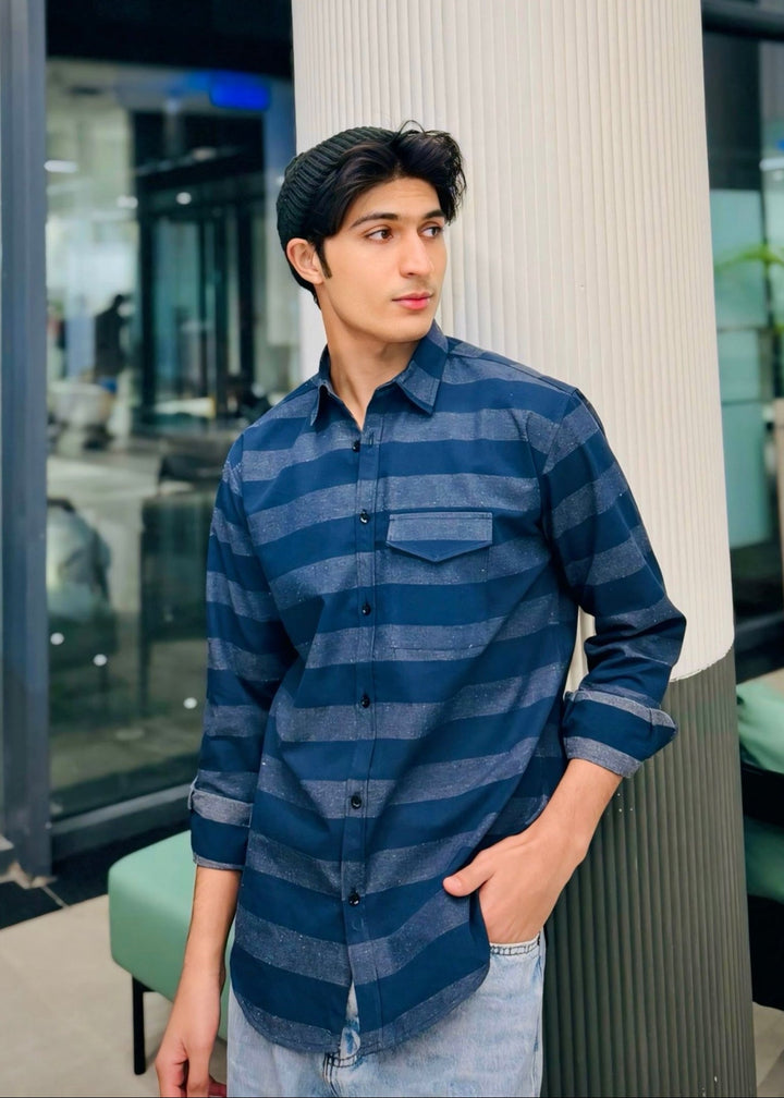 Muraqsh Ready To Wear Solids Cotton Men Navy Blue Flannel Casual Shirt ABD-NBFSH - Summer Collection