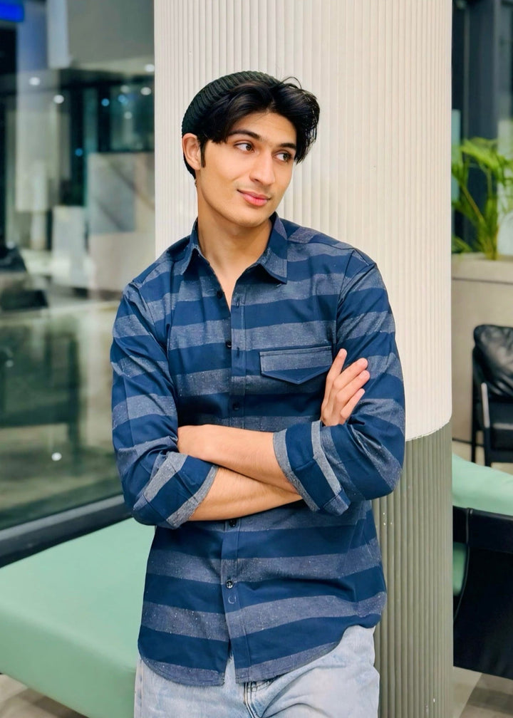 Muraqsh Ready To Wear Solids Cotton Men Navy Blue Flannel Casual Shirt ABD-NBFSH - Summer Collection