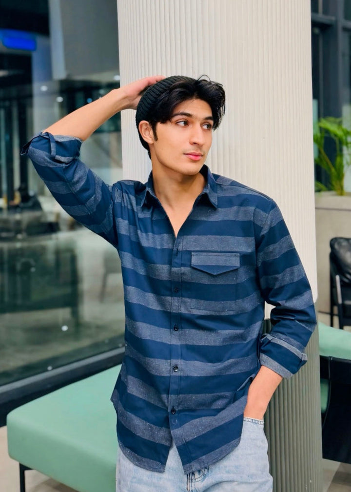 Muraqsh Ready To Wear Solids Cotton Men Navy Blue Flannel Casual Shirt ABD-NBFSH - Summer Collection