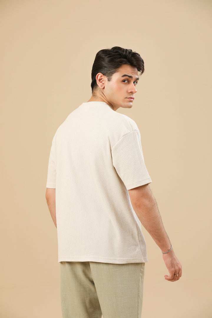 Muraqsh Ready To Wear Solids Cotton Men Off White Knit Textured Oversized T-Shirt ABD-OWKTOT - Summer Collection