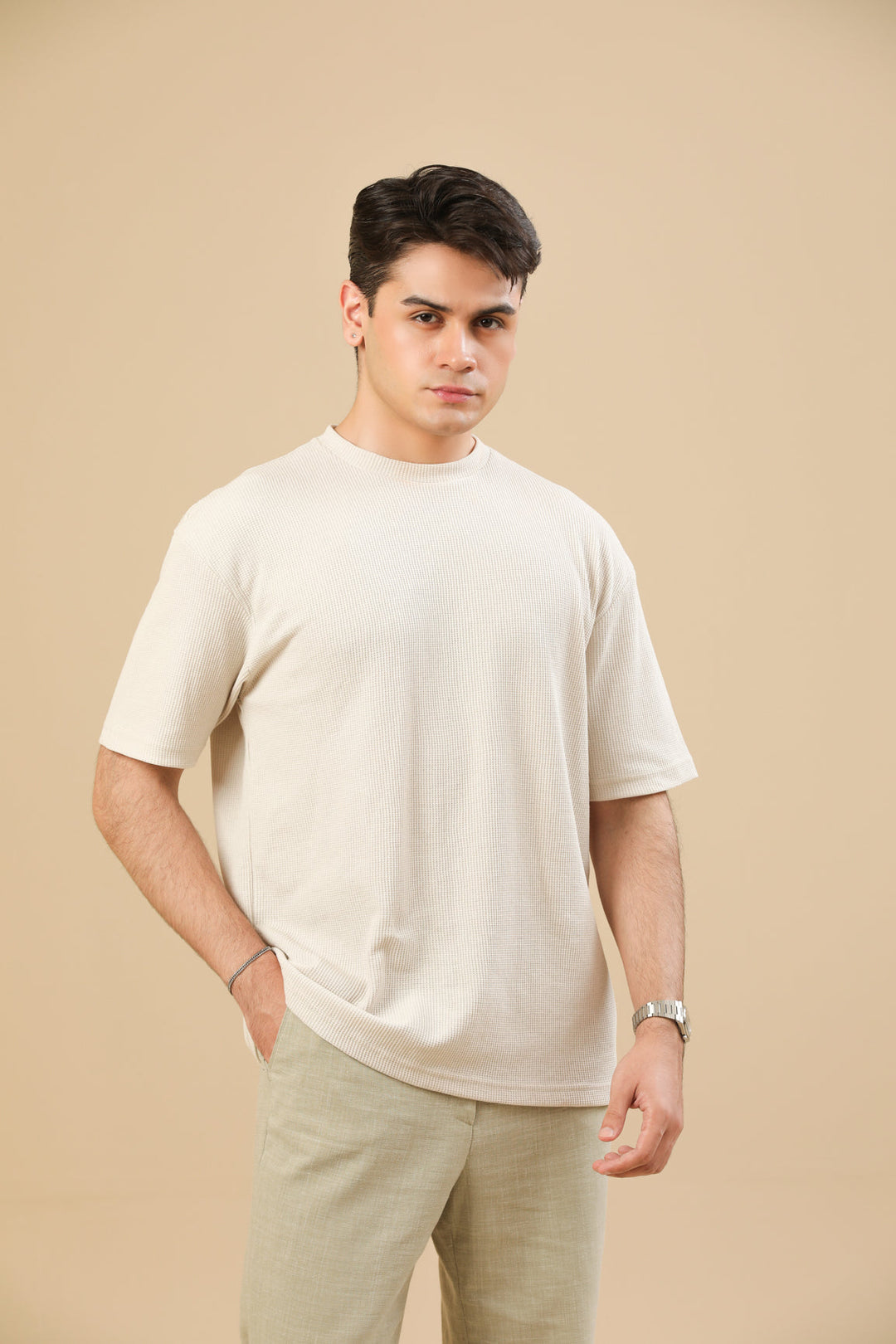 Muraqsh Ready To Wear Solids Cotton Men Off White Knit Textured Oversized T-Shirt ABD-OWKTOT - Summer Collection