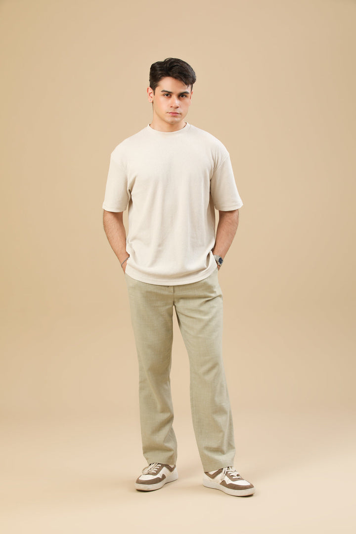 Muraqsh Ready To Wear Solids Cotton Men Off White Knit Textured Oversized T-Shirt ABD-OWKTOT - Summer Collection