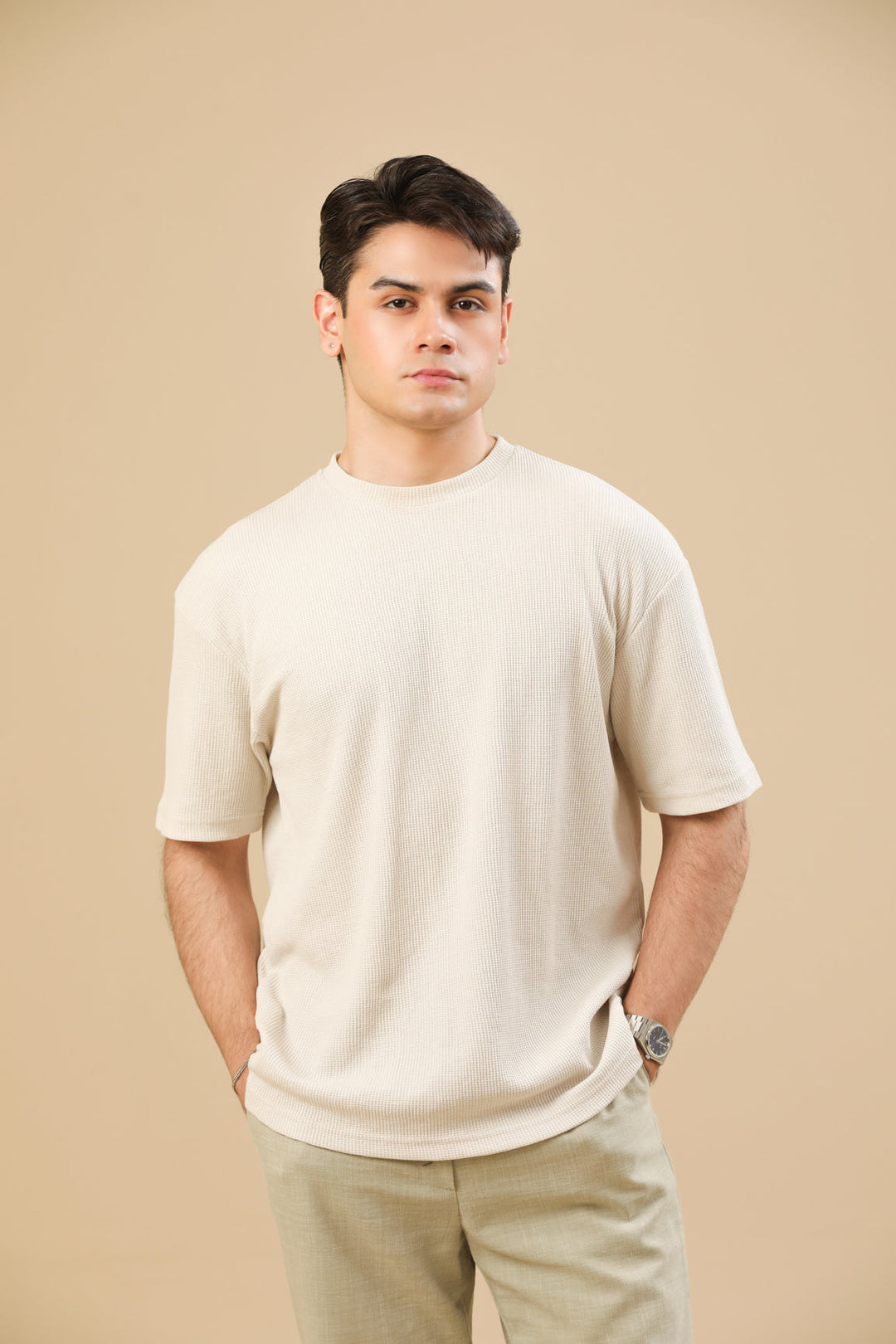 Muraqsh Ready To Wear Solids Cotton Men Off White Knit Textured Oversized T-Shirt ABD-OWKTOT - Summer Collection