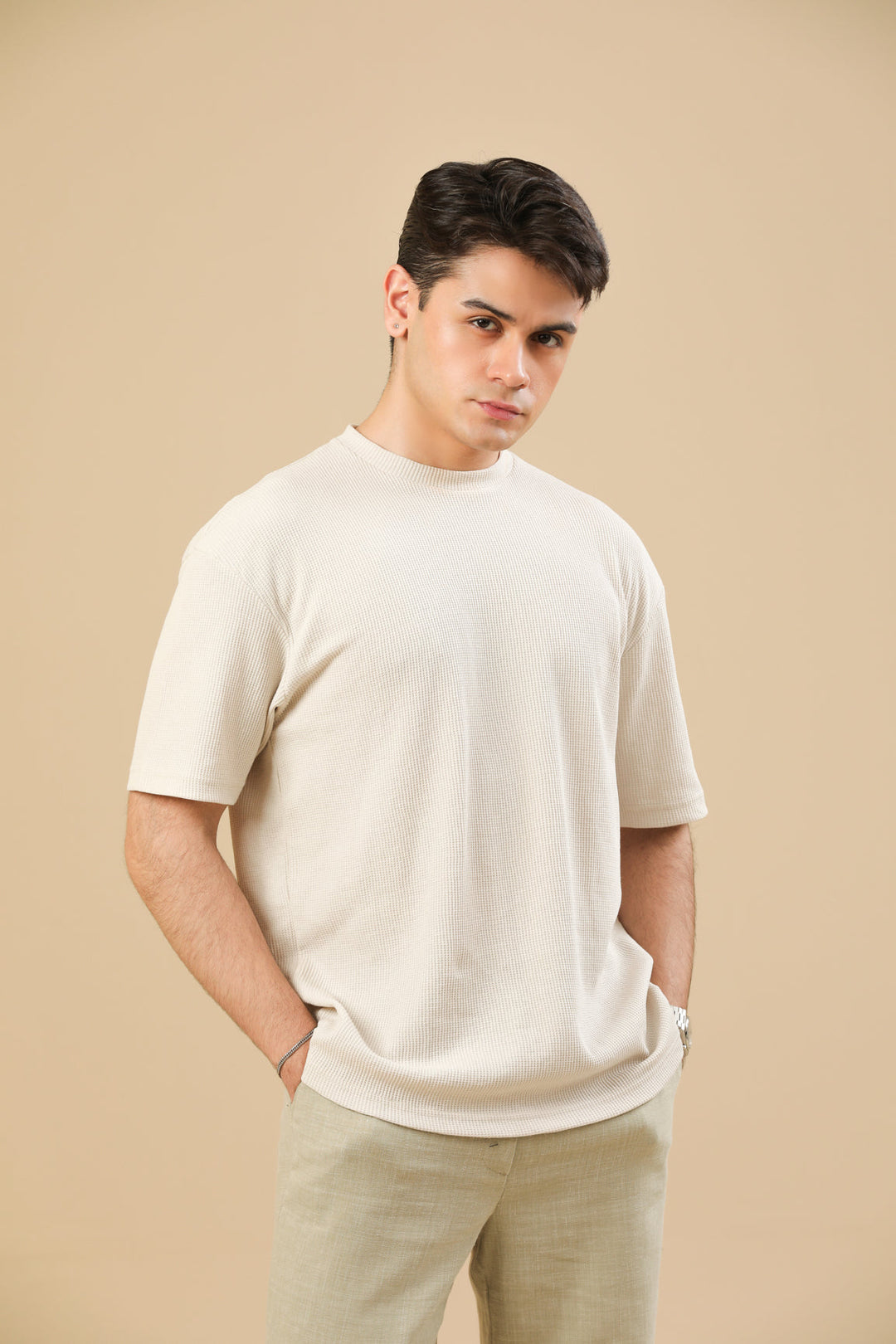 Muraqsh Ready To Wear Solids Cotton Men Off White Knit Textured Oversized T-Shirt ABD-OWKTOT - Summer Collection