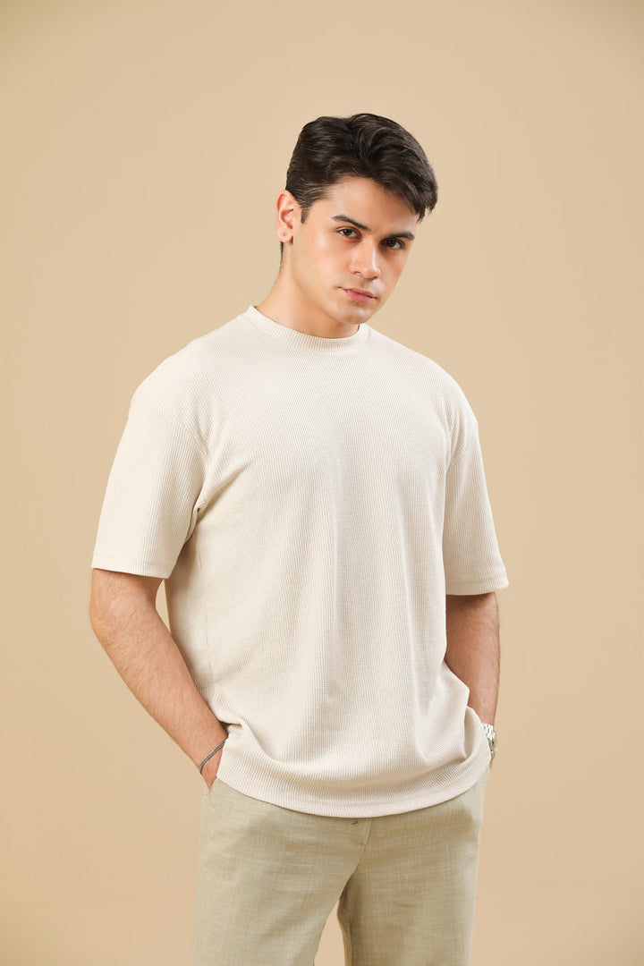 Muraqsh Ready To Wear Solids Cotton Men Off White Knit Textured Oversized T-Shirt ABD-OWKTOT - Summer Collection