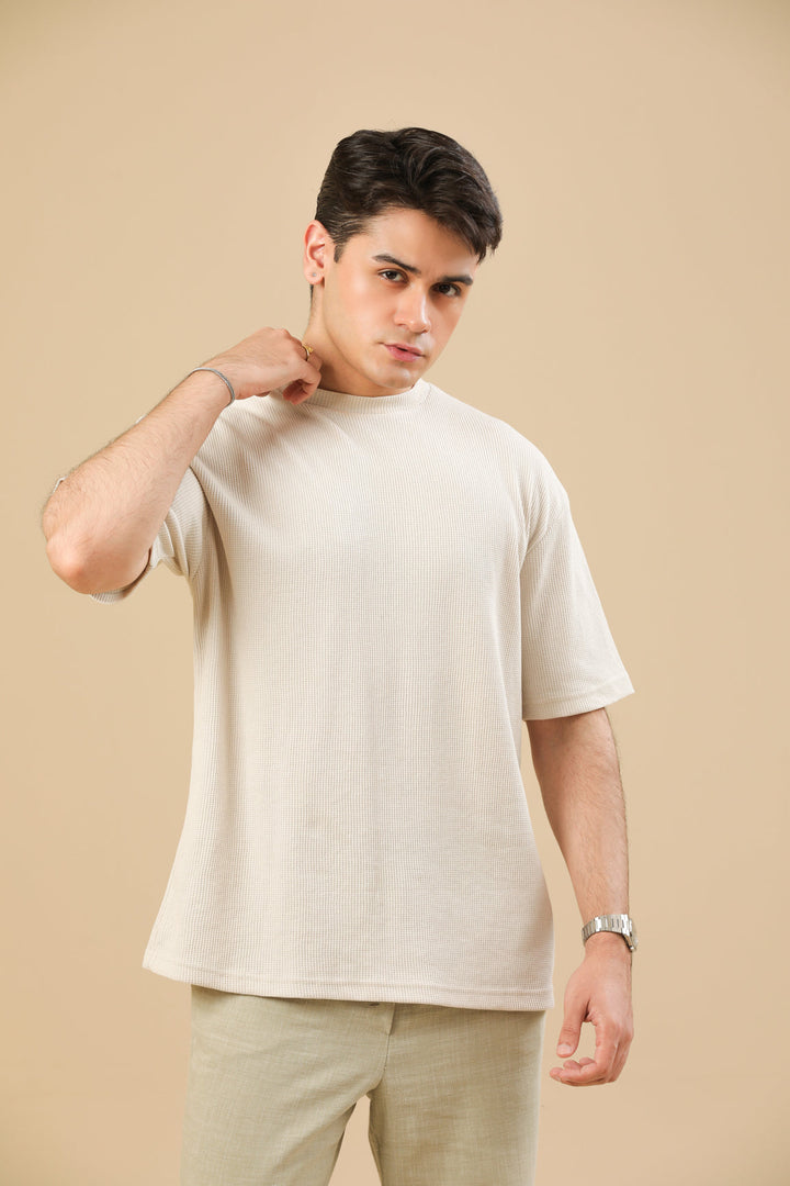Muraqsh Ready To Wear Solids Cotton Men Off White Knit Textured Oversized T-Shirt ABD-OWKTOT - Summer Collection