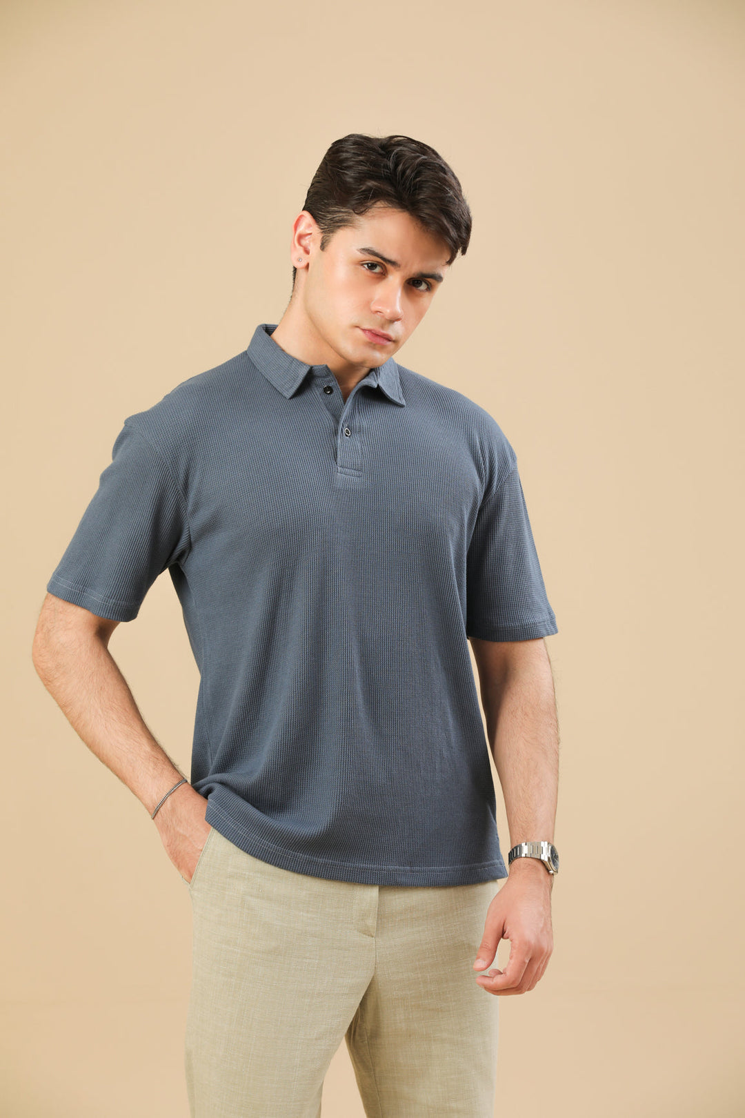 Muraqsh Ready To Wear Solids Cotton Men Midnight Blue Oversized Waffle Polo ABDDBOWP - Summer Collection