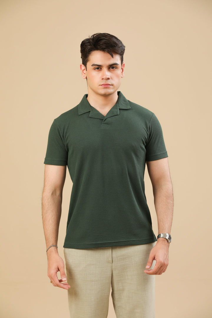 Muraqsh Ready To Wear Solids Waffle Men Waffle Bottle Green Revere Polo ABD-WBGRP - Summer Collection