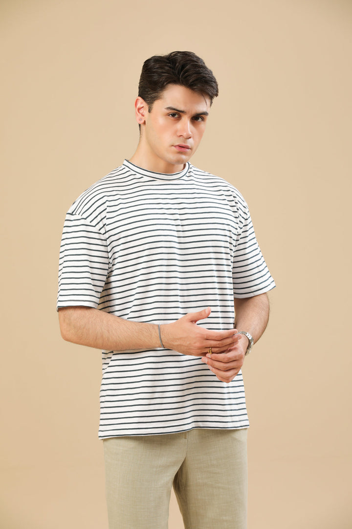 Muraqsh Ready To Wear Solids Cotton Men Off White Striper Oversized Tee ABD-OWSOT - Summer Collection