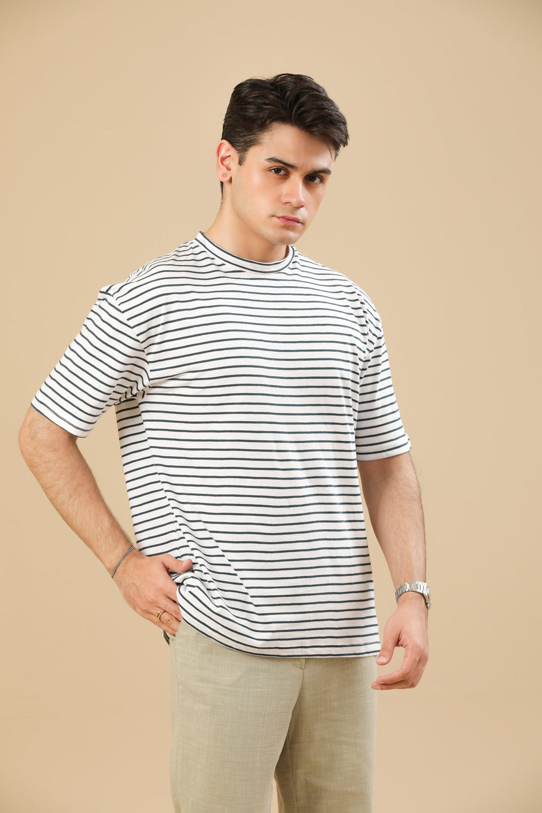 Muraqsh Ready To Wear Solids Cotton Men Off White Striper Oversized Tee ABD-OWSOT - Summer Collection