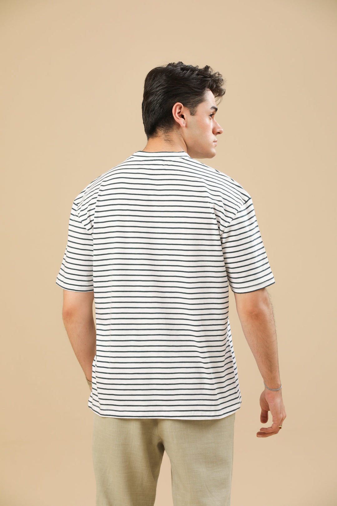 Muraqsh Ready To Wear Solids Cotton Men Off White Striper Oversized Tee ABD-OWSOT - Summer Collection