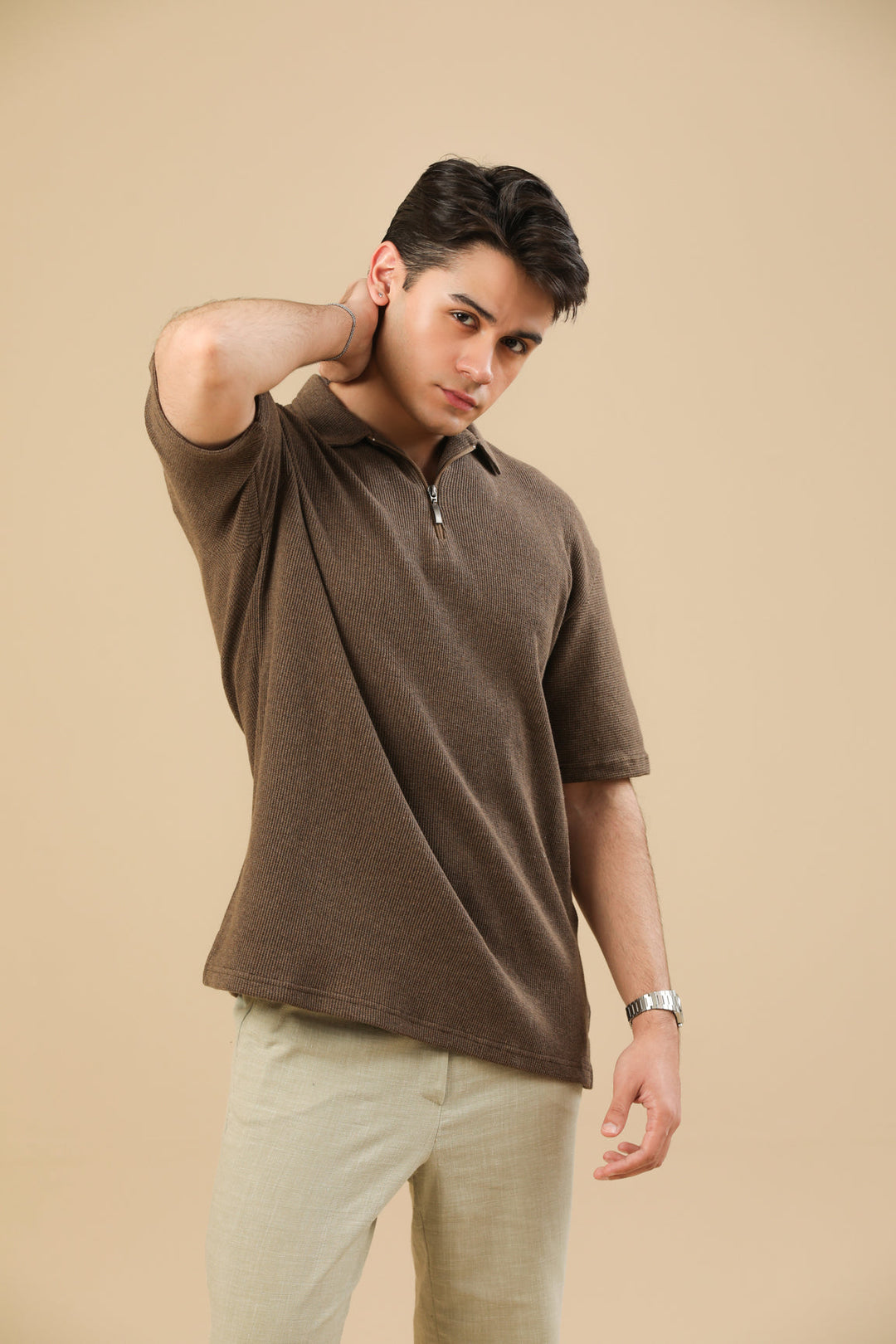 Muraqsh Ready To Wear Solids Waffle Men Coffee Brown Oversized Zipper Polo ABD-CBOWZP - Summer Collection
