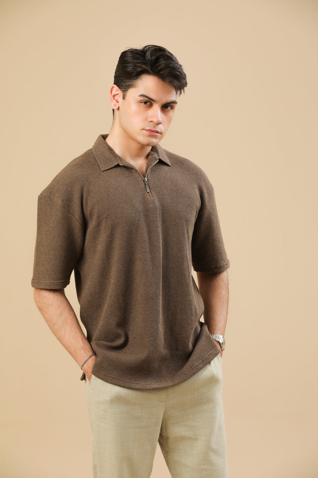 Muraqsh Ready To Wear Solids Waffle Men Coffee Brown Oversized Zipper Polo ABD-CBOWZP - Summer Collection